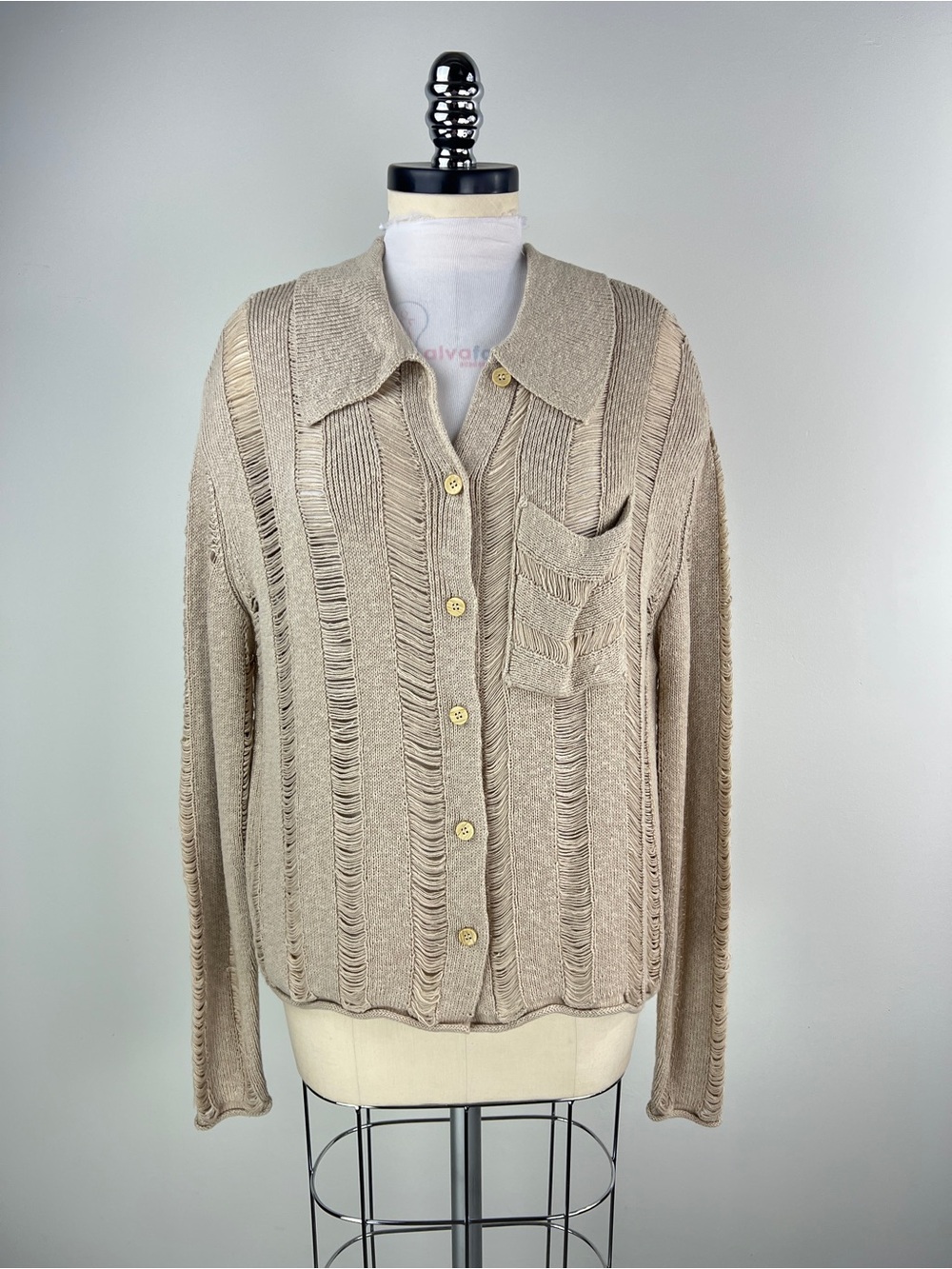 💚 3742. Beige Button-Front Open-Knit Cardigan Sweater